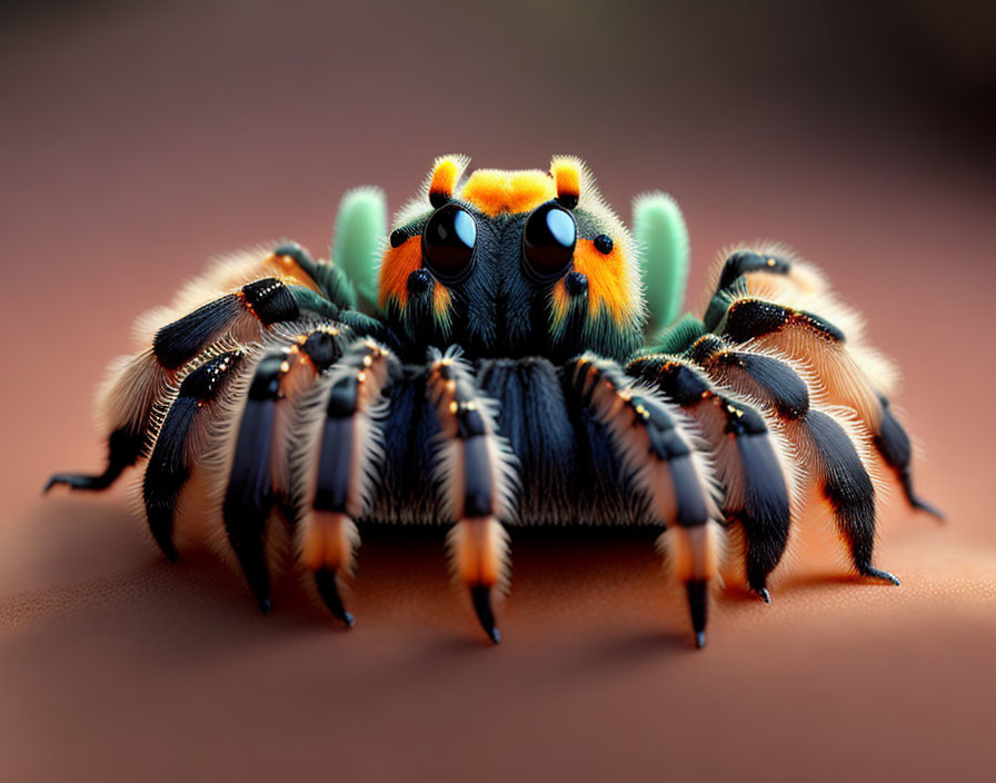 Colorful jumping spider with shiny eyes and striped legs on soft background