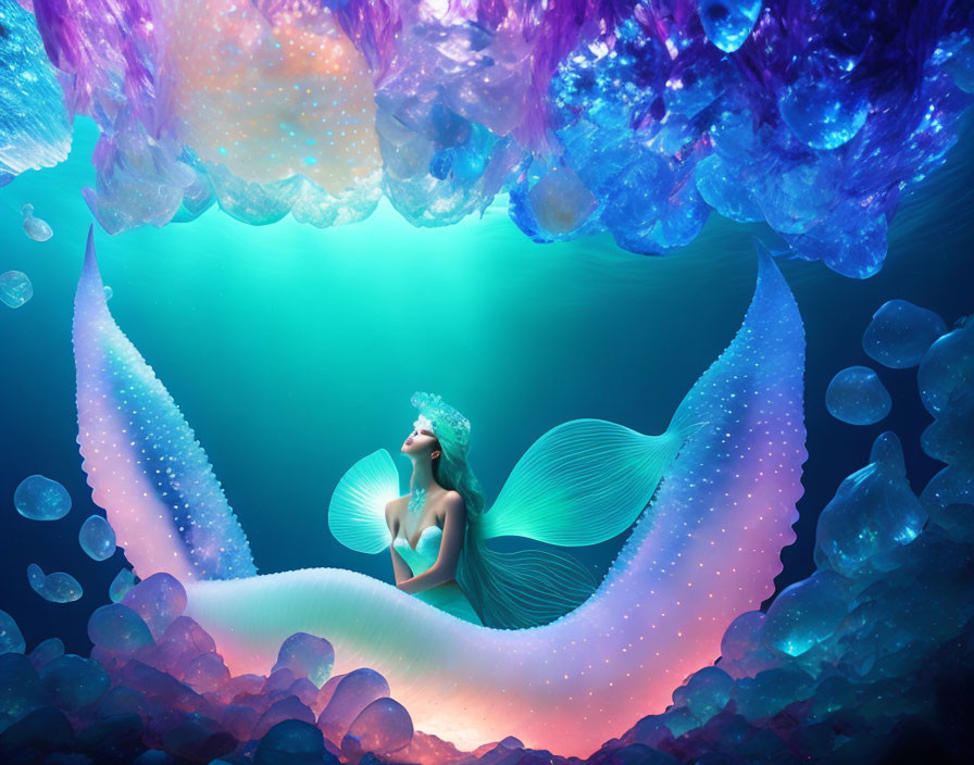 Shimmering tail mermaid under colorful crystal arch