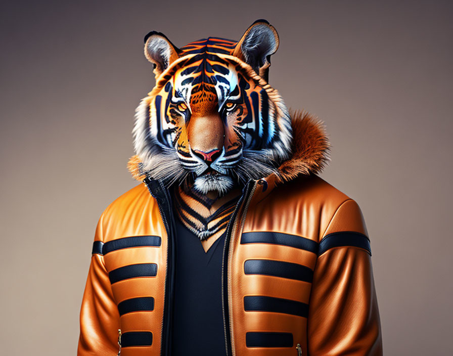 Portrait of person in striped jacket with tiger face blending.