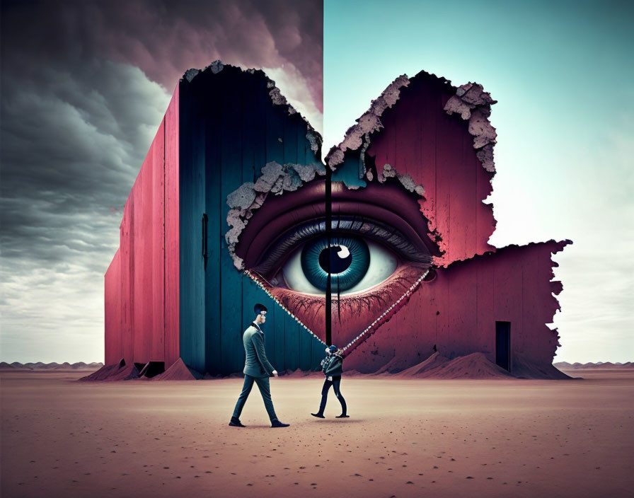 Surreal image: People opening container doors to reveal colossal eye in desert