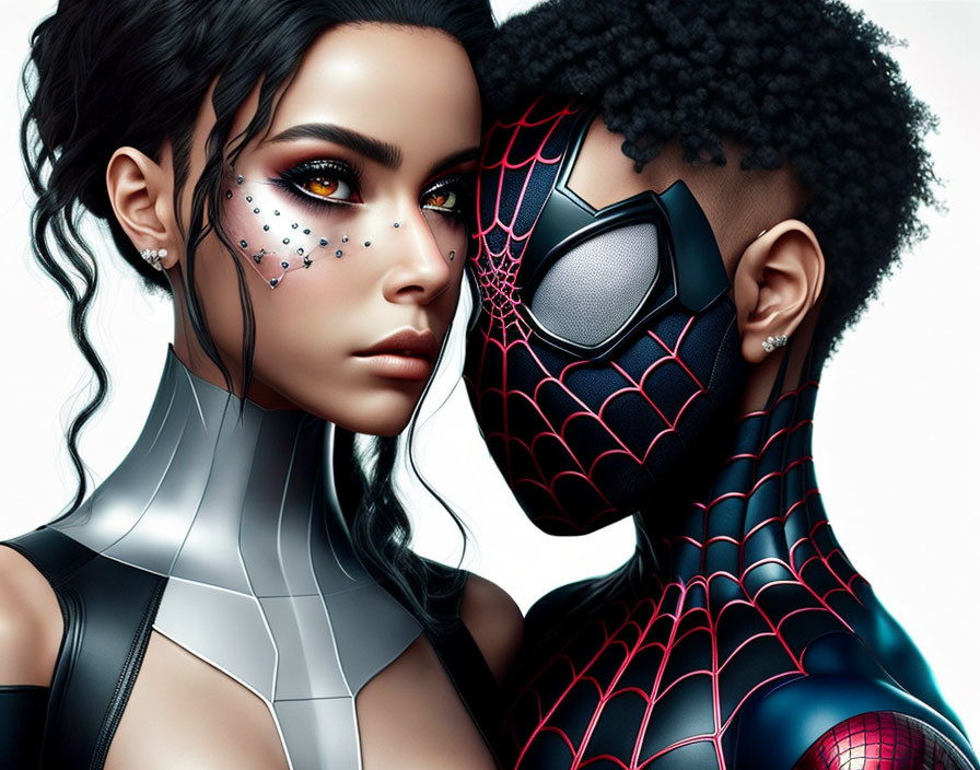 Close-Up Portrait of Woman with Striking Makeup and Man in Spider-Man Mask