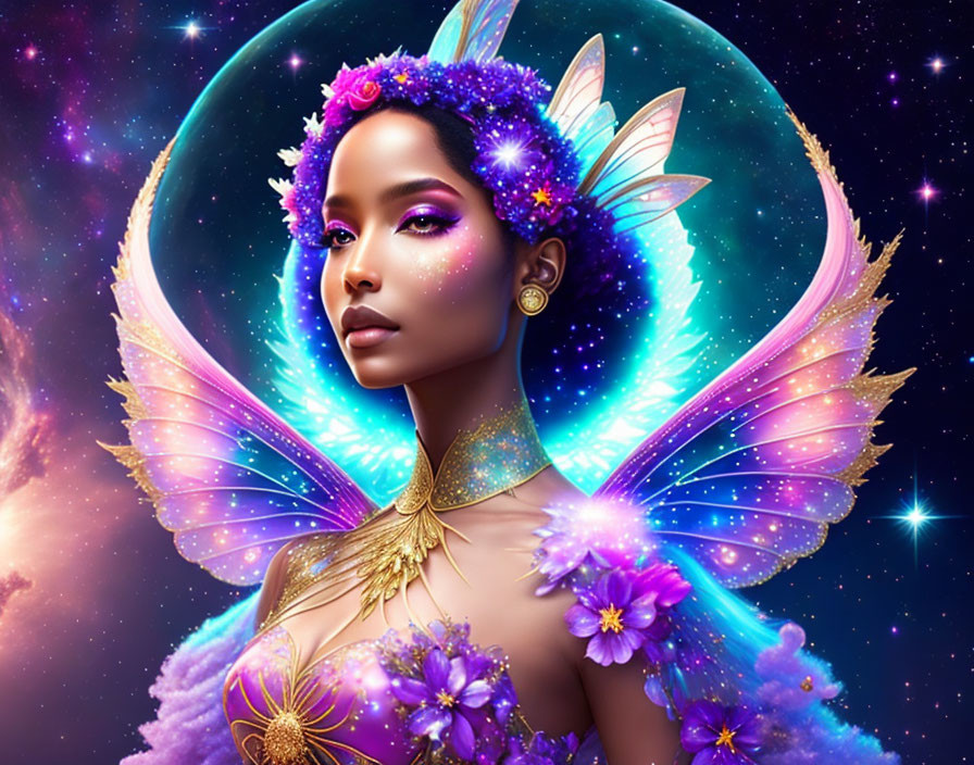 Woman with Butterfly Wings and Floral Adornments in Celestial Setting