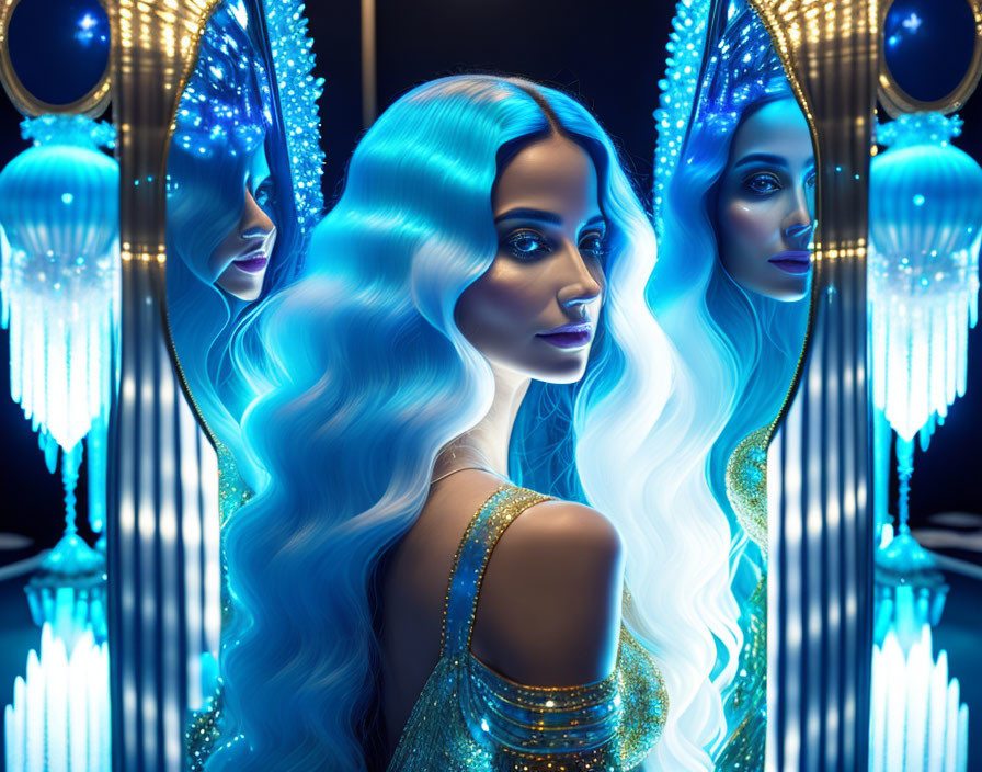 Luminous blue hair woman in golden dress reflected in mirrors