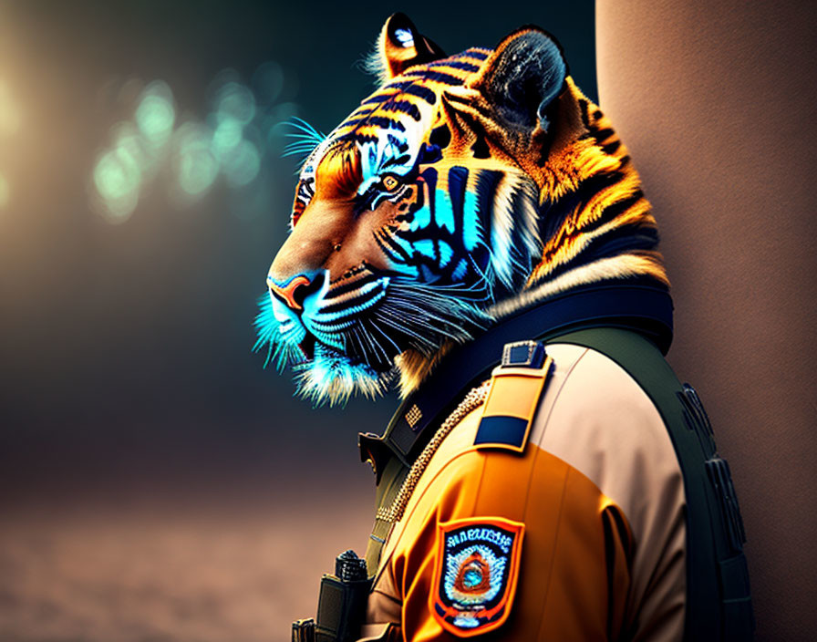 Surreal digital art: Tiger-human hybrid in uniform with blue glow