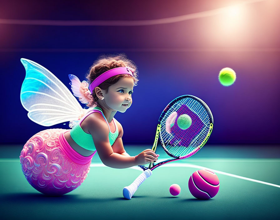 Young girl with fairy wings playing tennis on colorful court