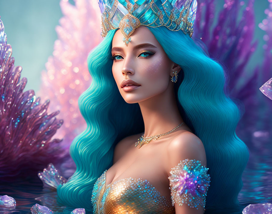 Fantasy illustration of woman with turquoise hair and ornate crown surrounded by pink crystals