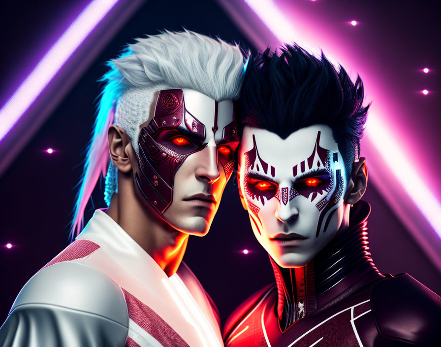 Futuristic cyberpunk characters with neon-lit backdrop