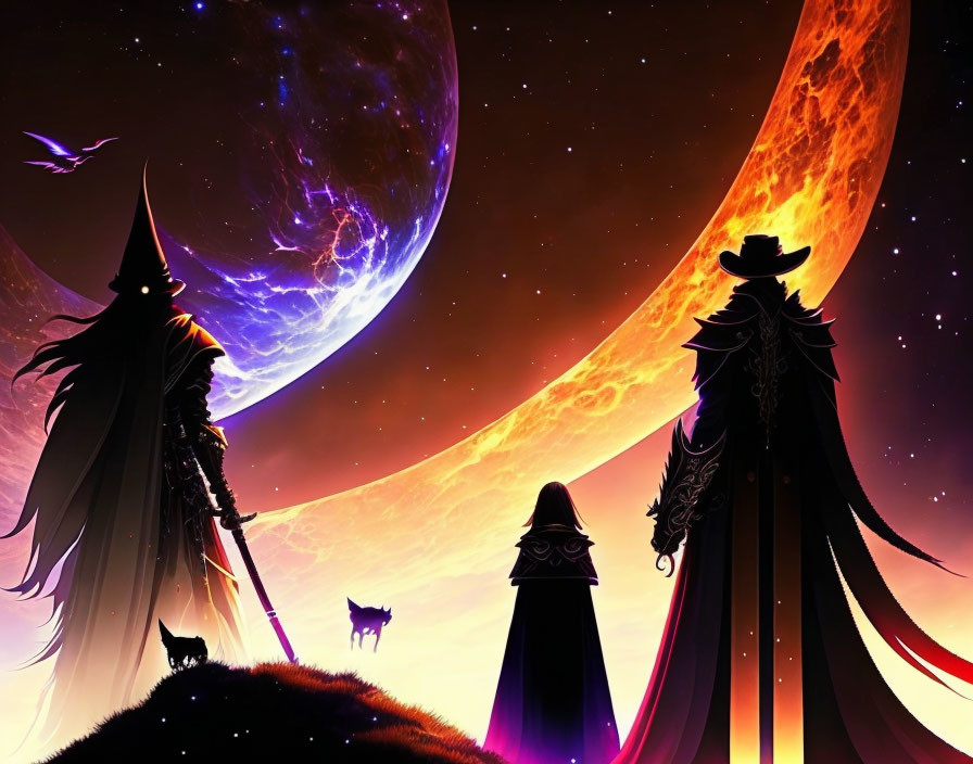 Cloaked Figures and Cats in Cosmic Setting with Planets and Stars