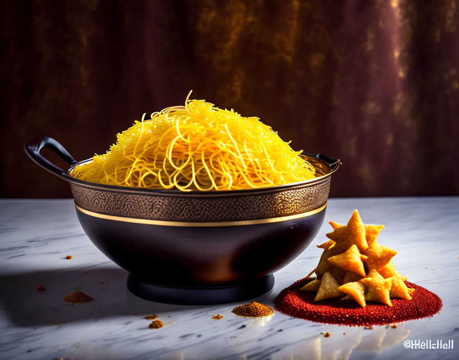 Golden Crispy Noodles and Star-Shaped Cookies on Marbled Surface
