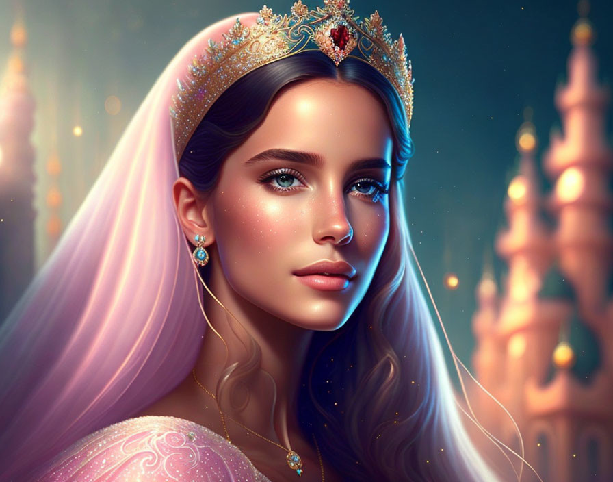 Fairytale princess digital artwork with jeweled crown and castle backdrop.