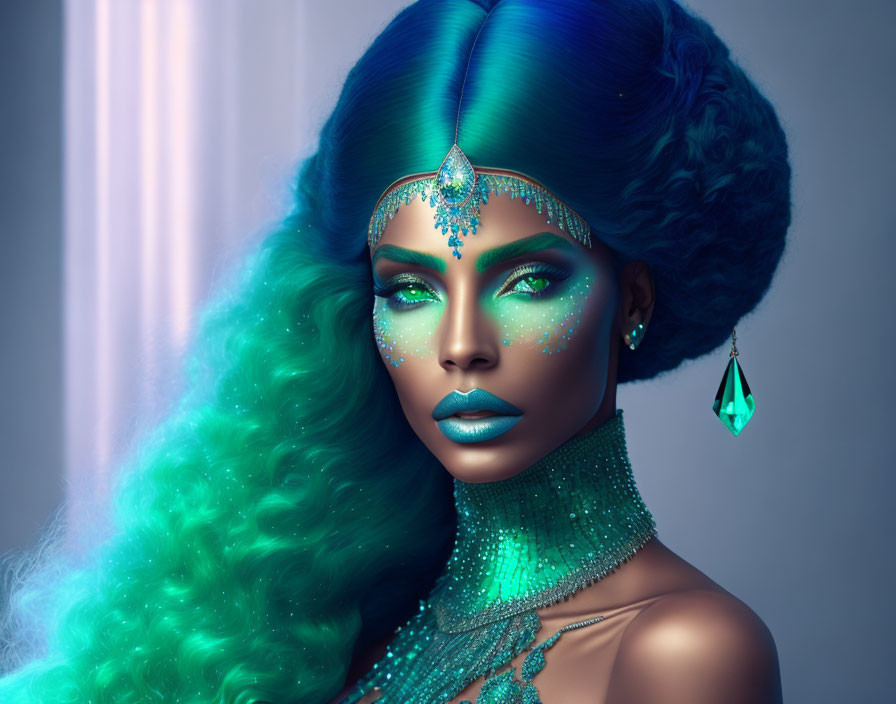 Vibrant Blue Hair and Green Makeup with Sea Theme Jewels