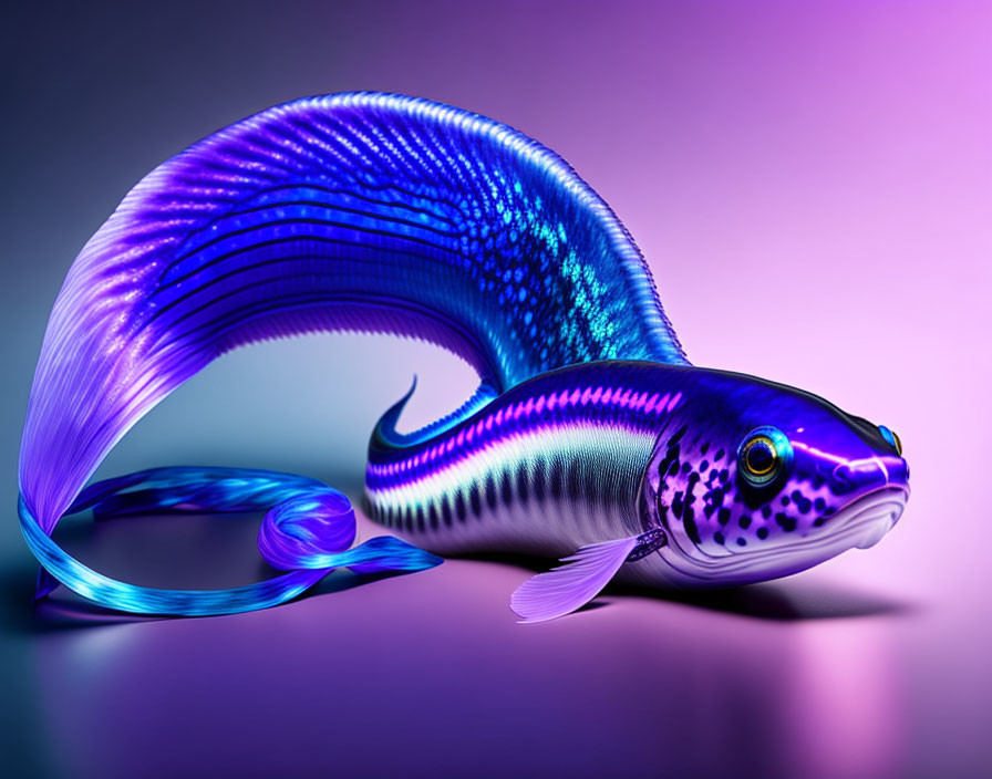 Colorful digital artwork of a fish with flowing fins in blue and purple hues