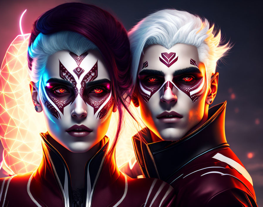 Futuristic face-painted duo in neon-lit setting