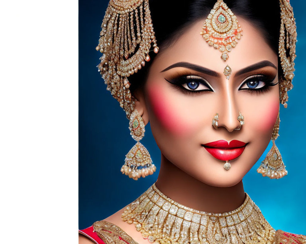 Traditional South Asian Bridal Makeup and Jewelry with Gold Pieces and Red Attire