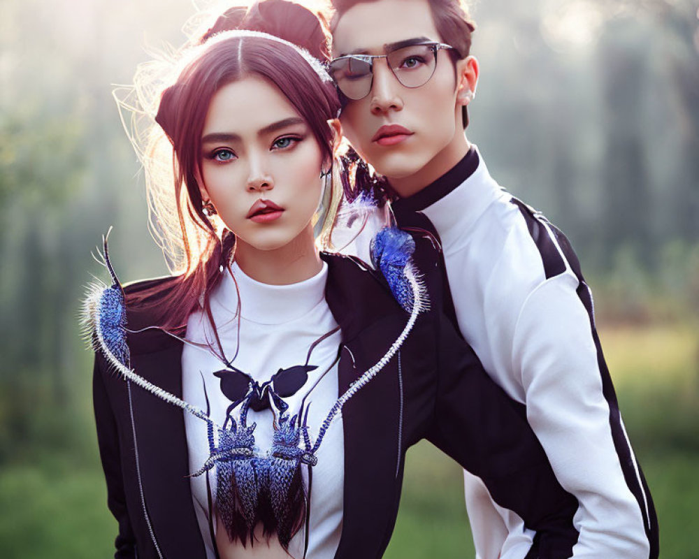 Fashionable couple in cat ears and modern attire poses outdoors