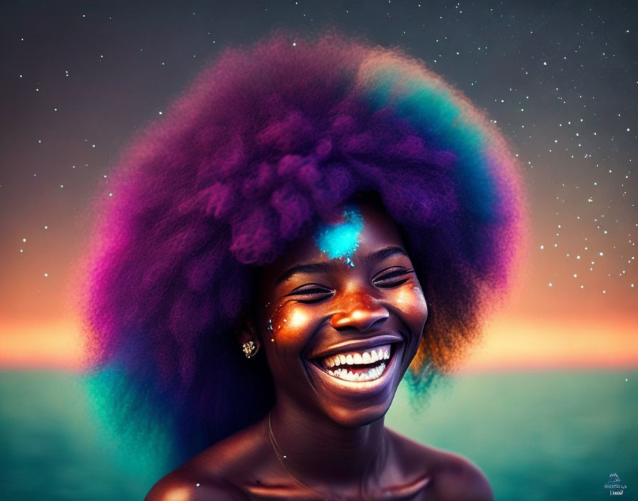 Colorful galaxy-themed afro on joyful woman in twilight skies.