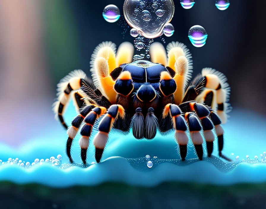 Colorful Jumping Spider Surrounded by Water Bubbles on Blue Surface