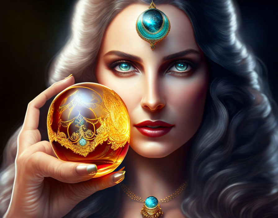 Illustrated woman with blue eyes and silver hair holding golden orb and jewelry