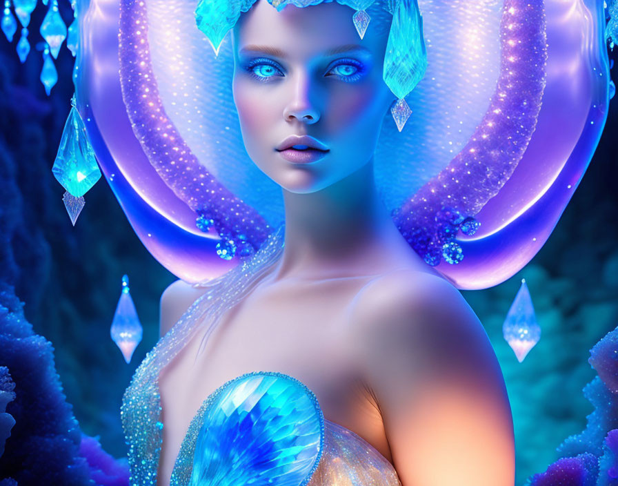 Fantastical depiction of a woman with radiant blue skin and crystal surroundings