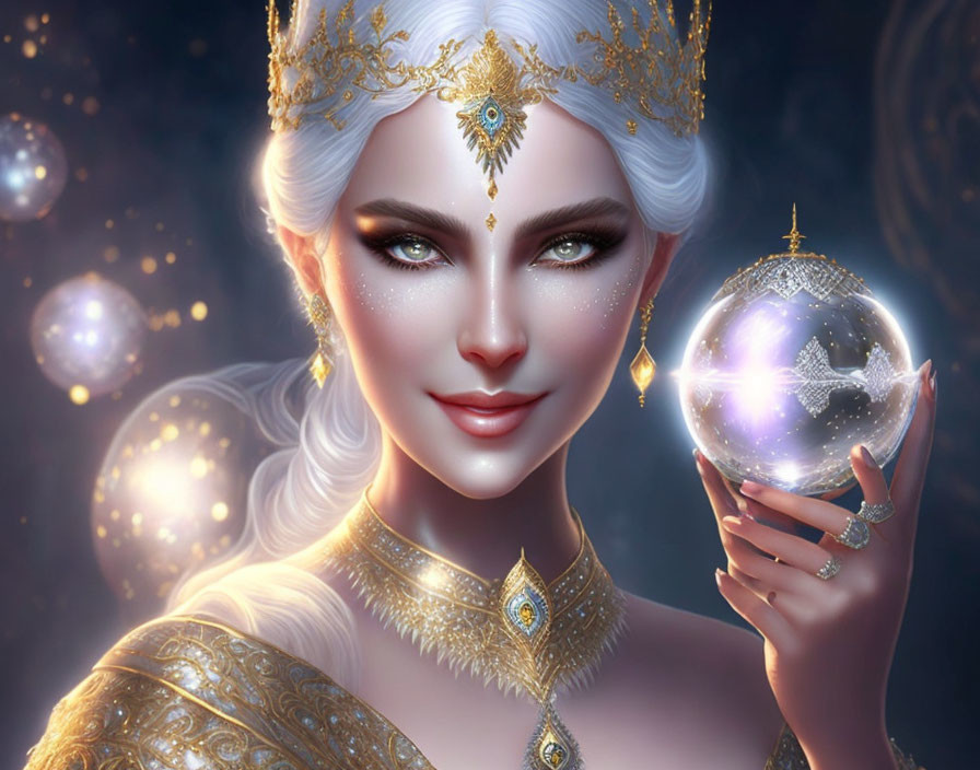 Illustrated queen with golden crown and magical orb in luminous orbs on dark background
