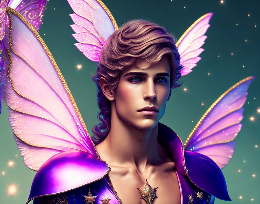 Male figure with butterfly wings in purple hues and fantasy theme