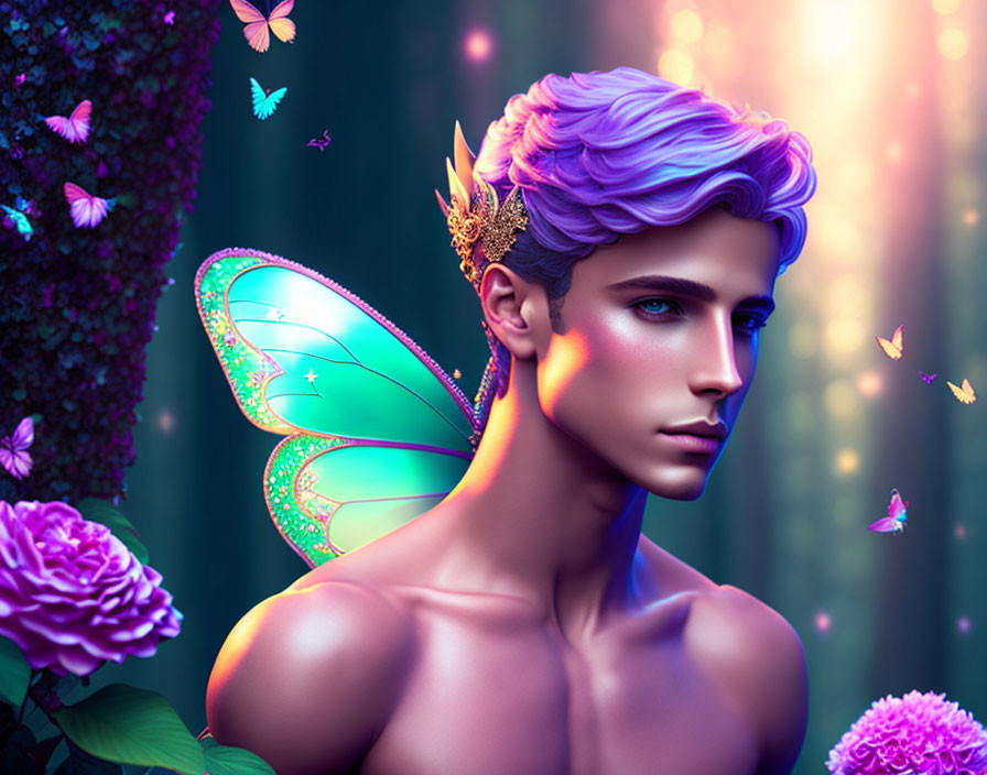 Male figure with blue hair, butterfly wings, crown, flowers, and butterflies in mystical forest