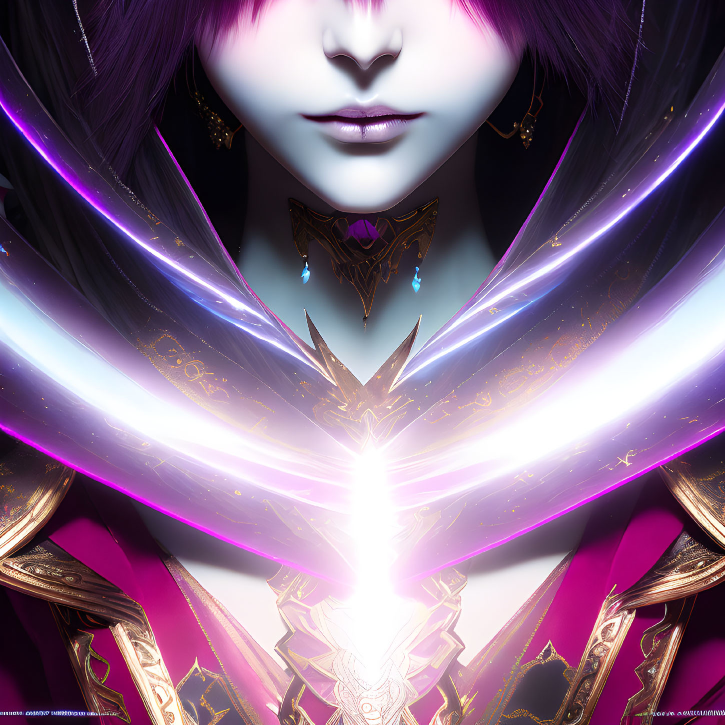 Fantasy character with glowing purple eyes and ornate golden armor