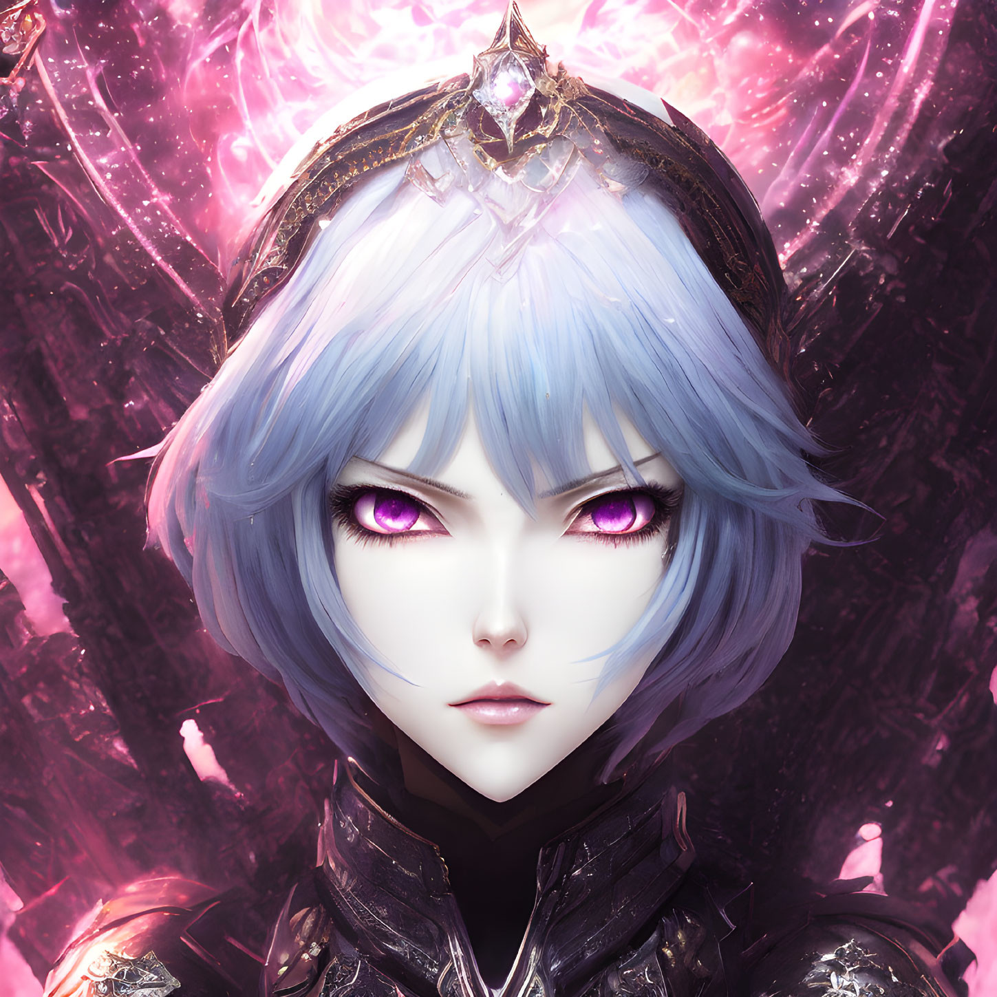 Fantasy character with pale skin, purple eyes, blue hair, ornate black armor, and crown