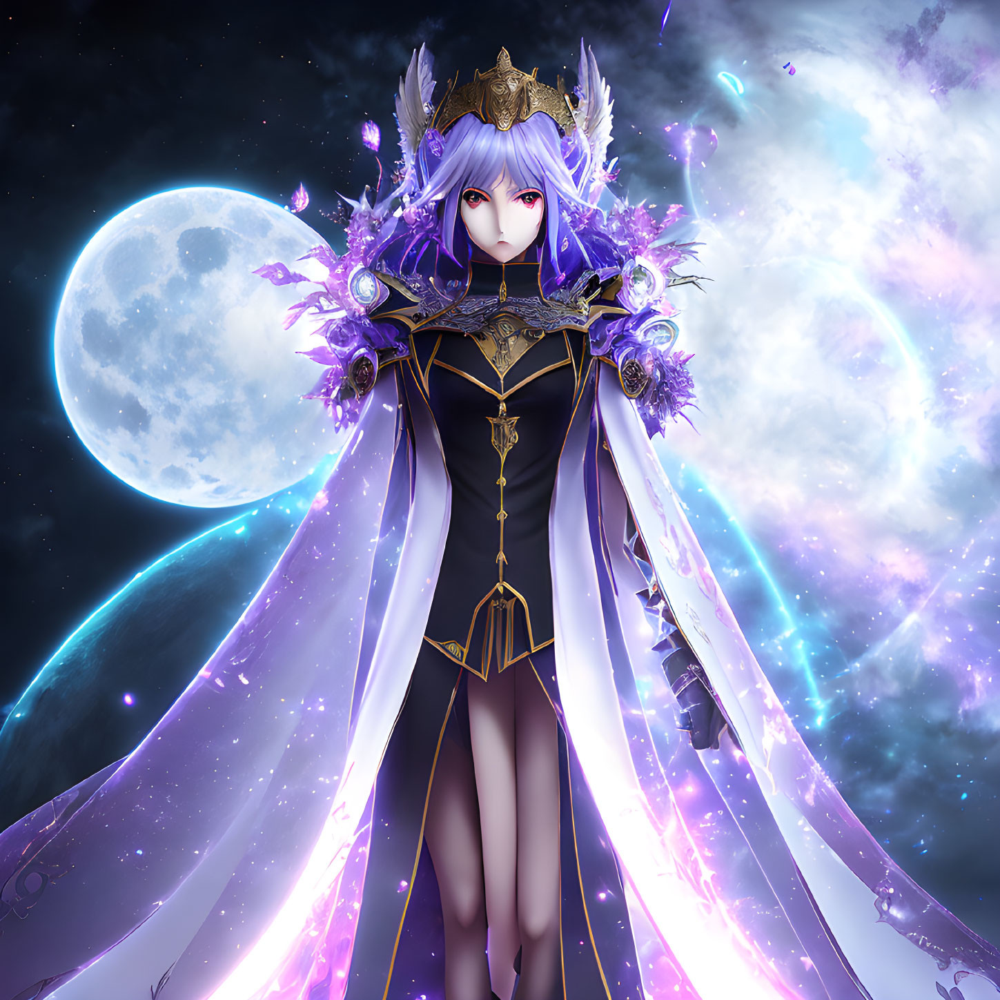Female character with purple hair, regal crown, and dark attire in mystical setting
