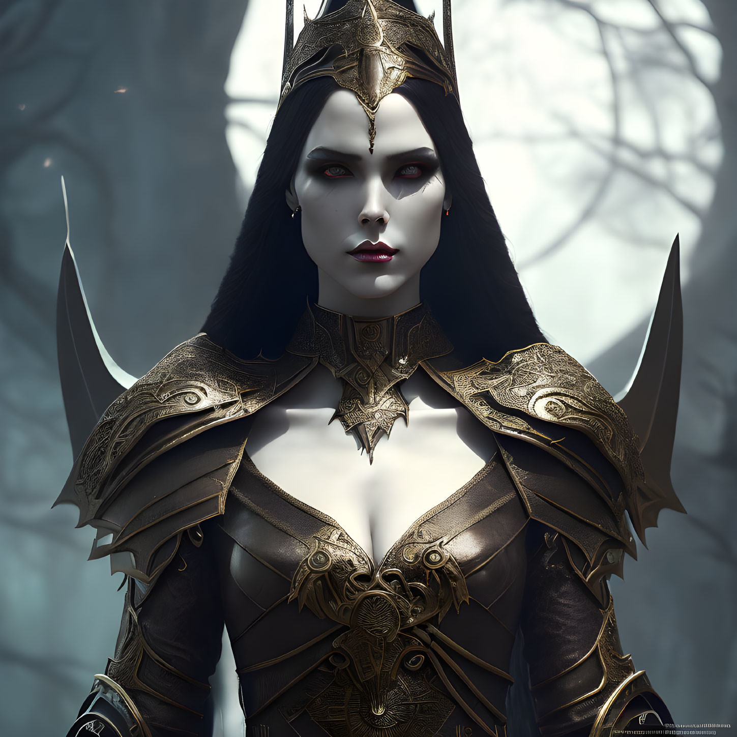 Regal female character in detailed dark armor against misty forest.
