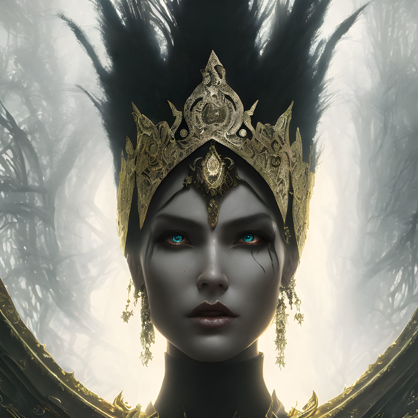 Digital portrait of individual with blue eyes, dark skin, golden crown, and forest backdrop