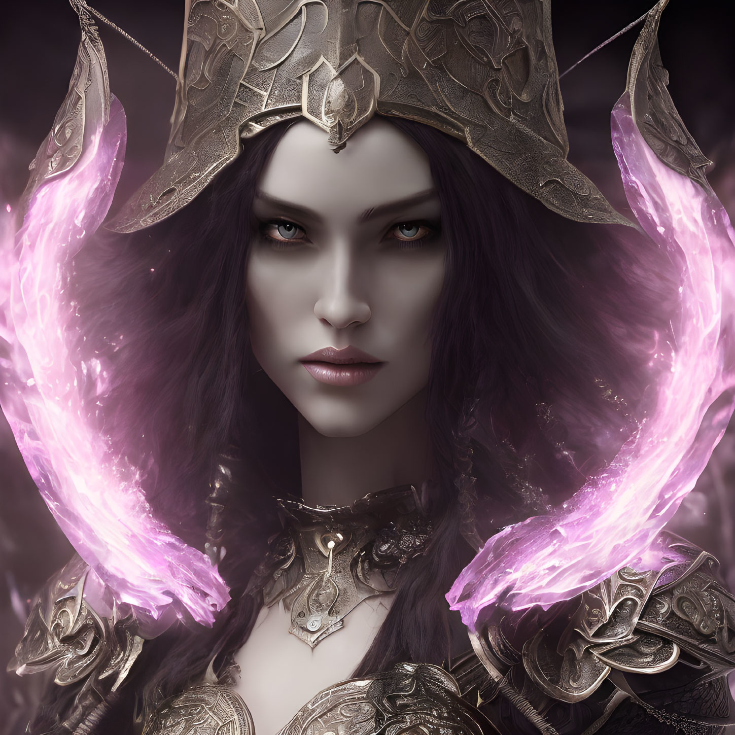 Pale-skinned female in golden armor with dark hair and crown, surrounded by purple magic.