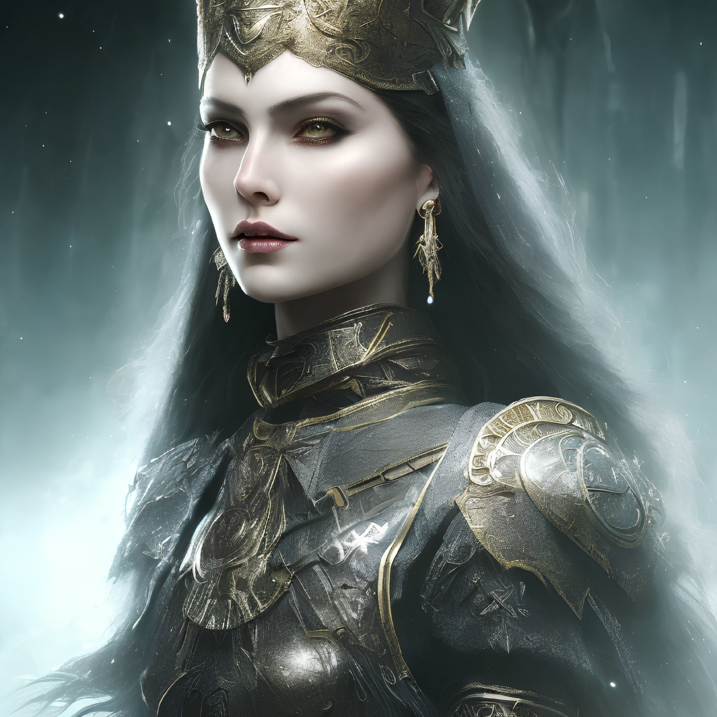 Regal woman portrait with golden crown and armor in misty backdrop