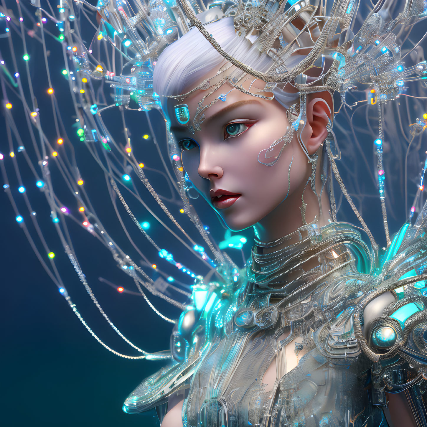Futuristic woman with glowing headgear and metallic armor