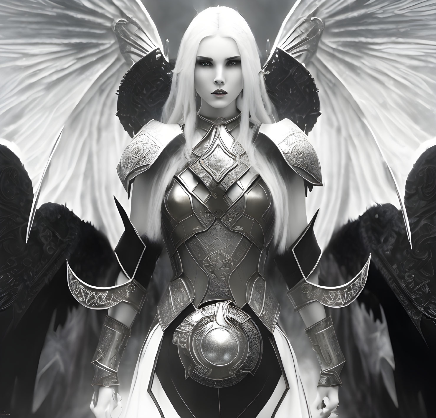 Monochrome fantasy warrior woman with white hair and angelic wings