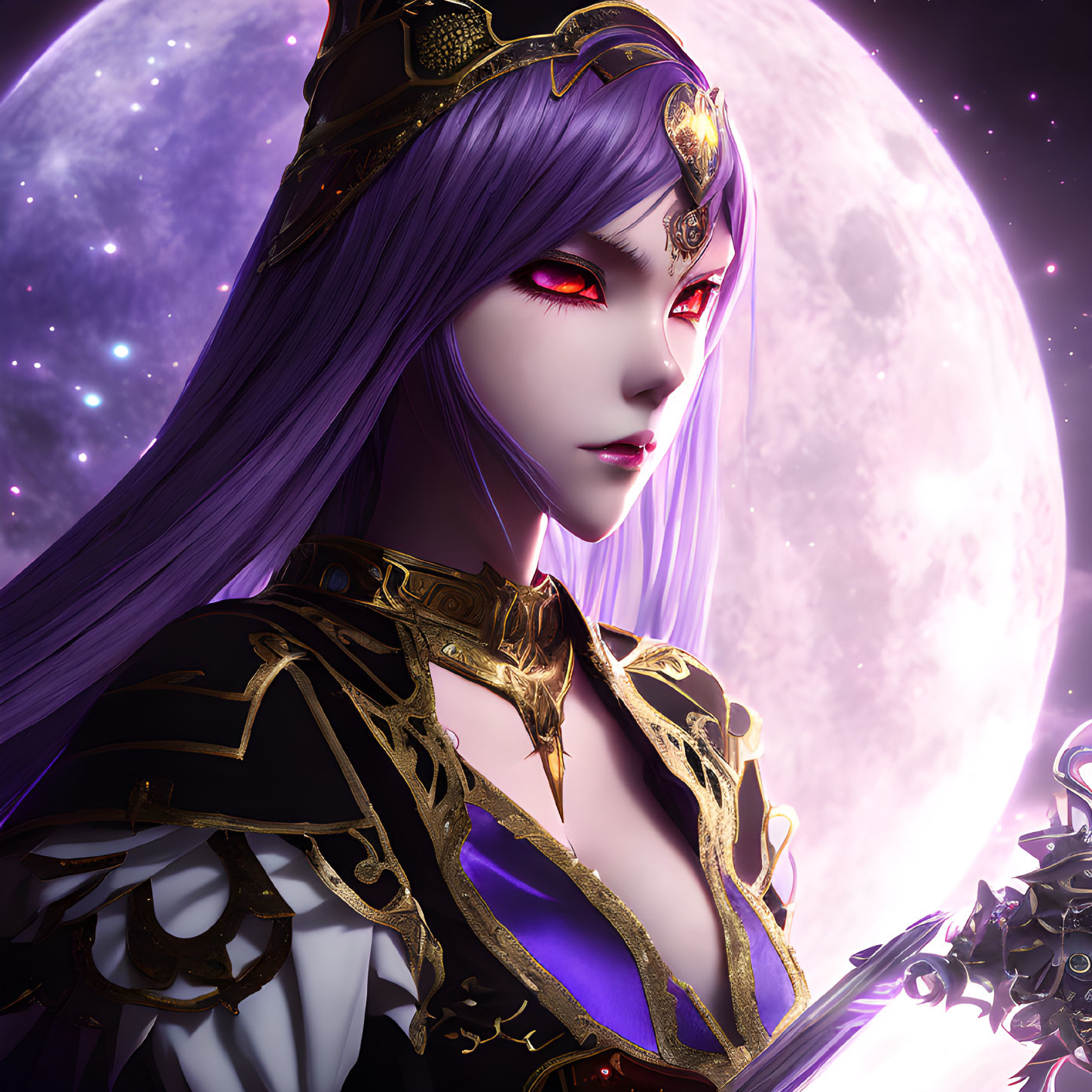 Fantasy character with purple hair and red eyes in regal black and gold armor against moon backdrop