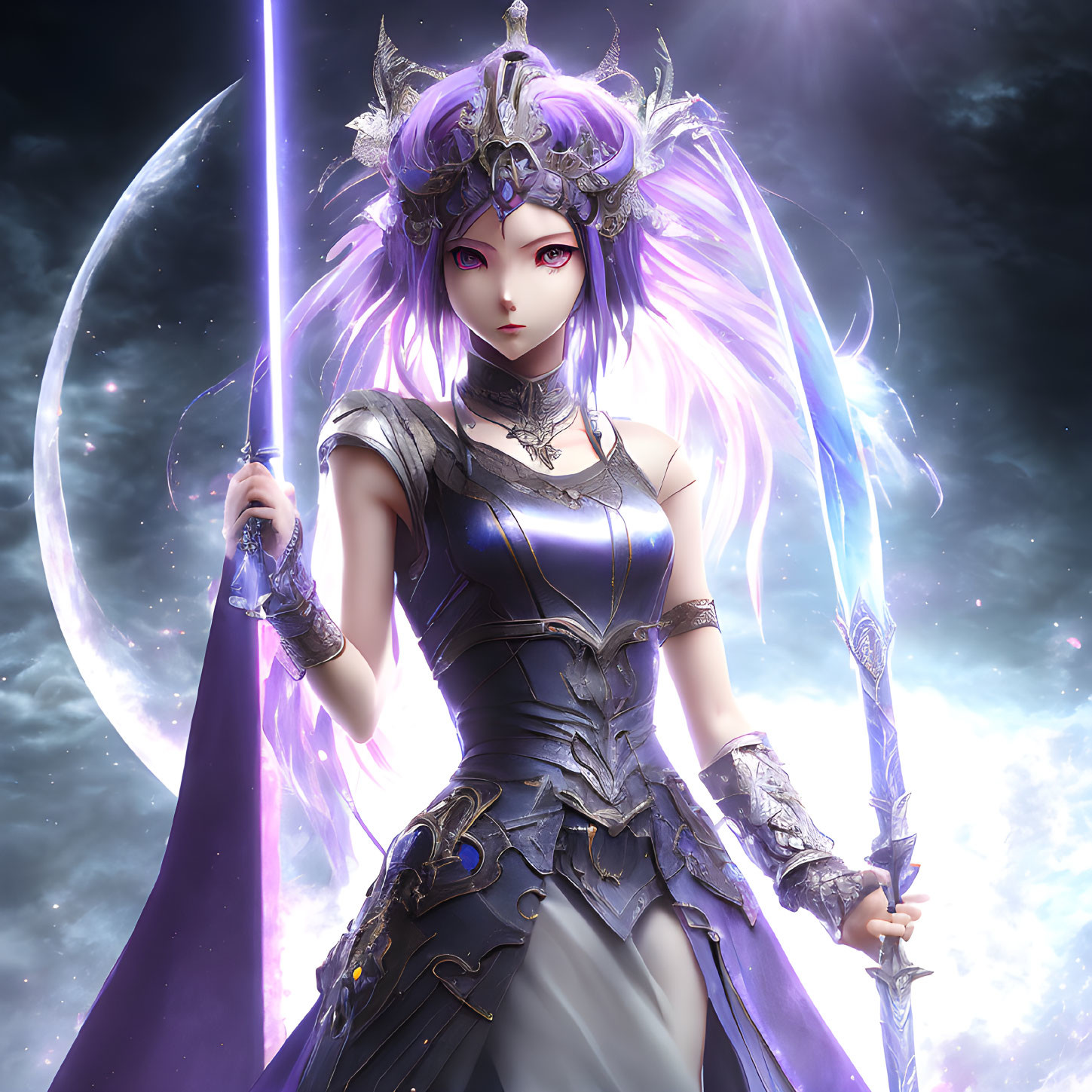 Animated female warrior with purple hair and glowing sword in intricate silver armor against cosmic backdrop