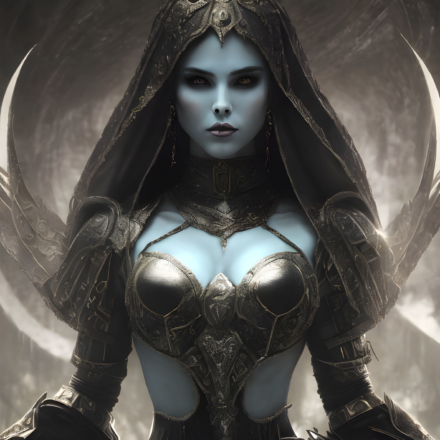 Pale-skinned woman in dark lips with glowing eyes, adorned in ornate hood and metallic armor in