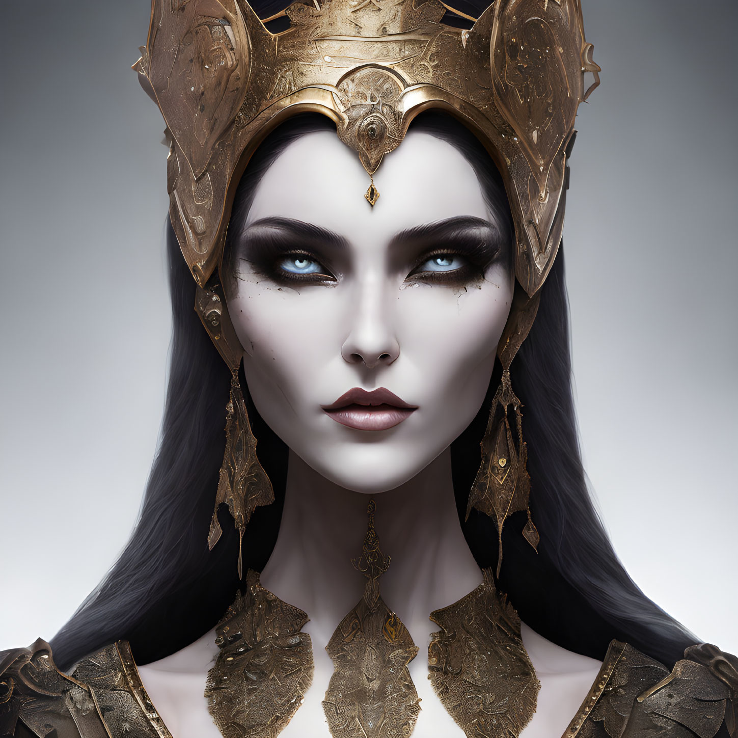 Regal female character with blue eyes in golden crown and armor