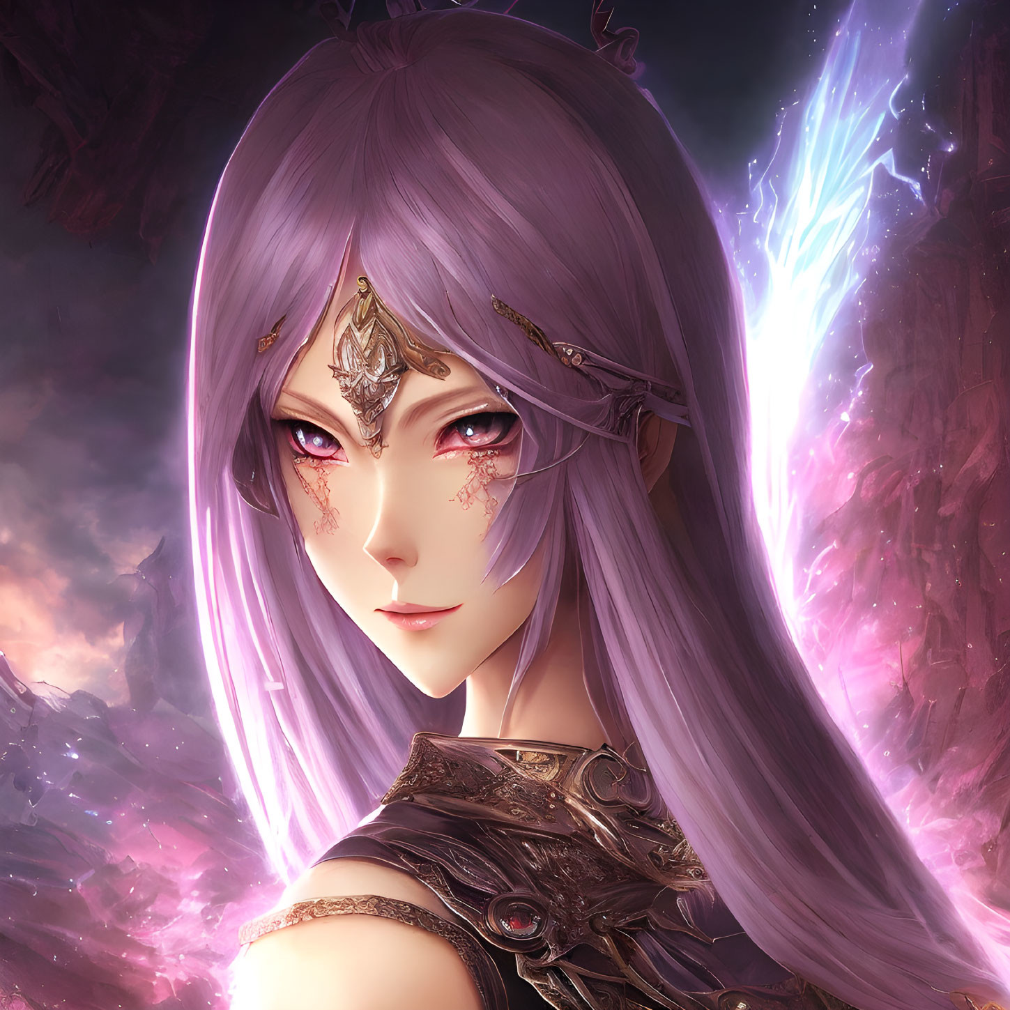 Fantasy female character with purple hair, ornate crown, and mystical energy.