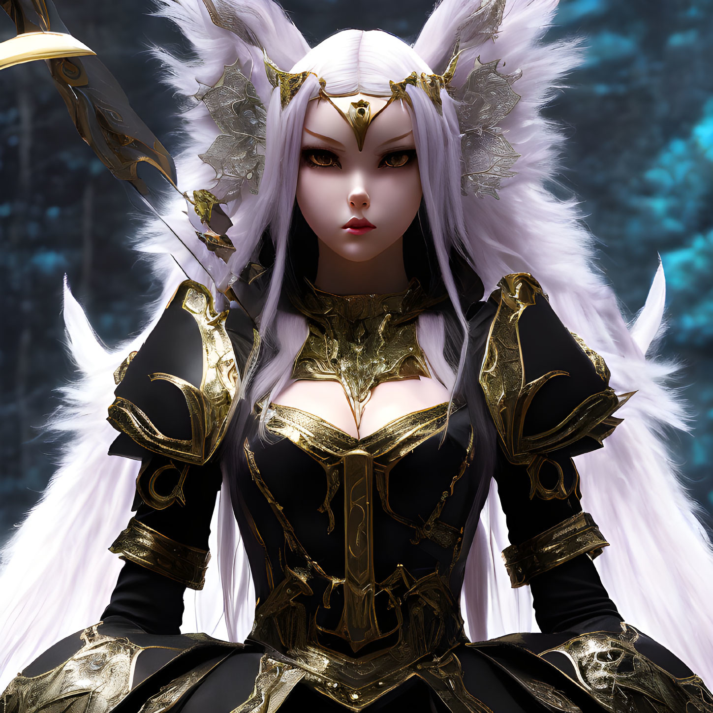Fantasy female character with white fox-like ears in black and gold armor