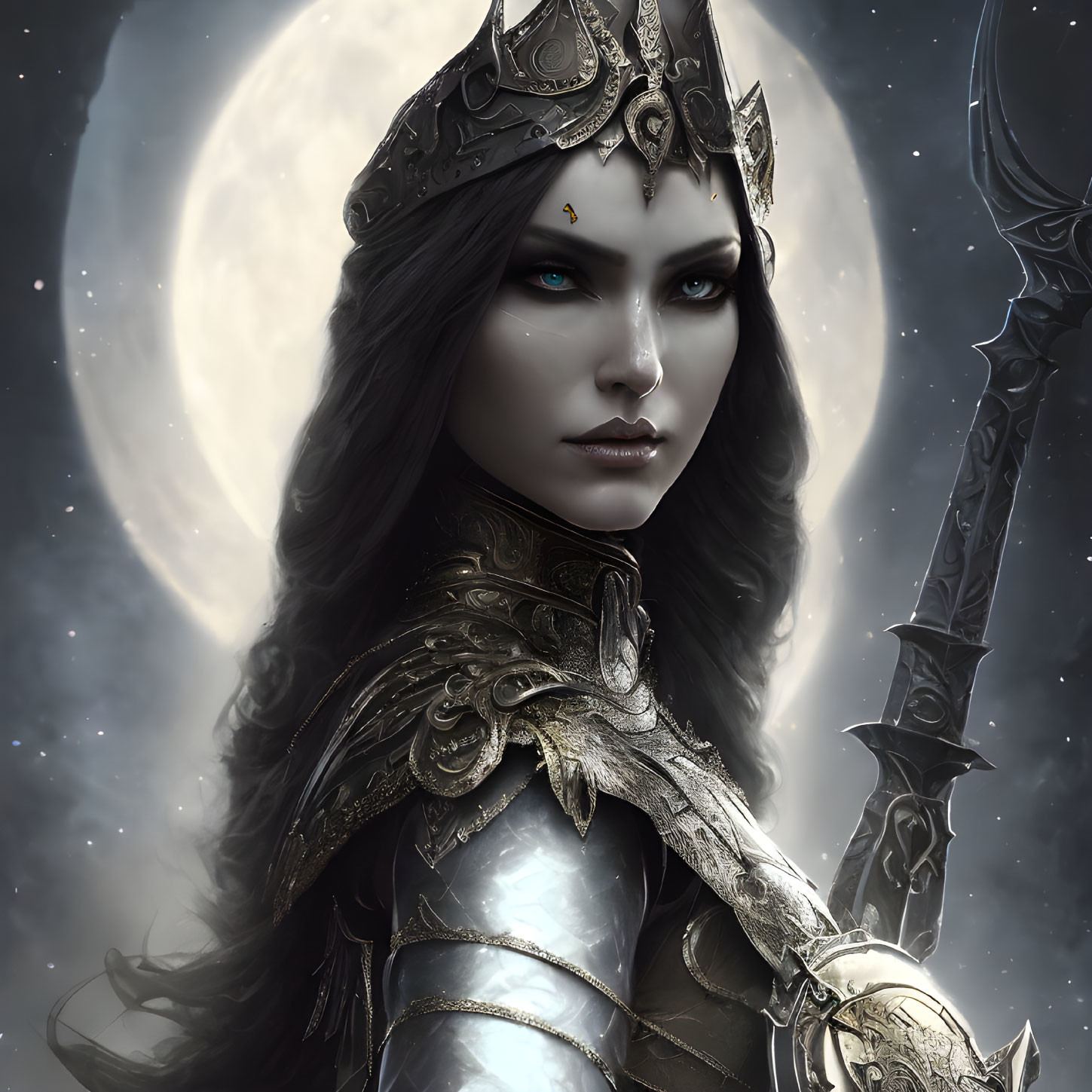 Female Warrior in Silver Armor with Crown and Blue Eyes Under Full Moon