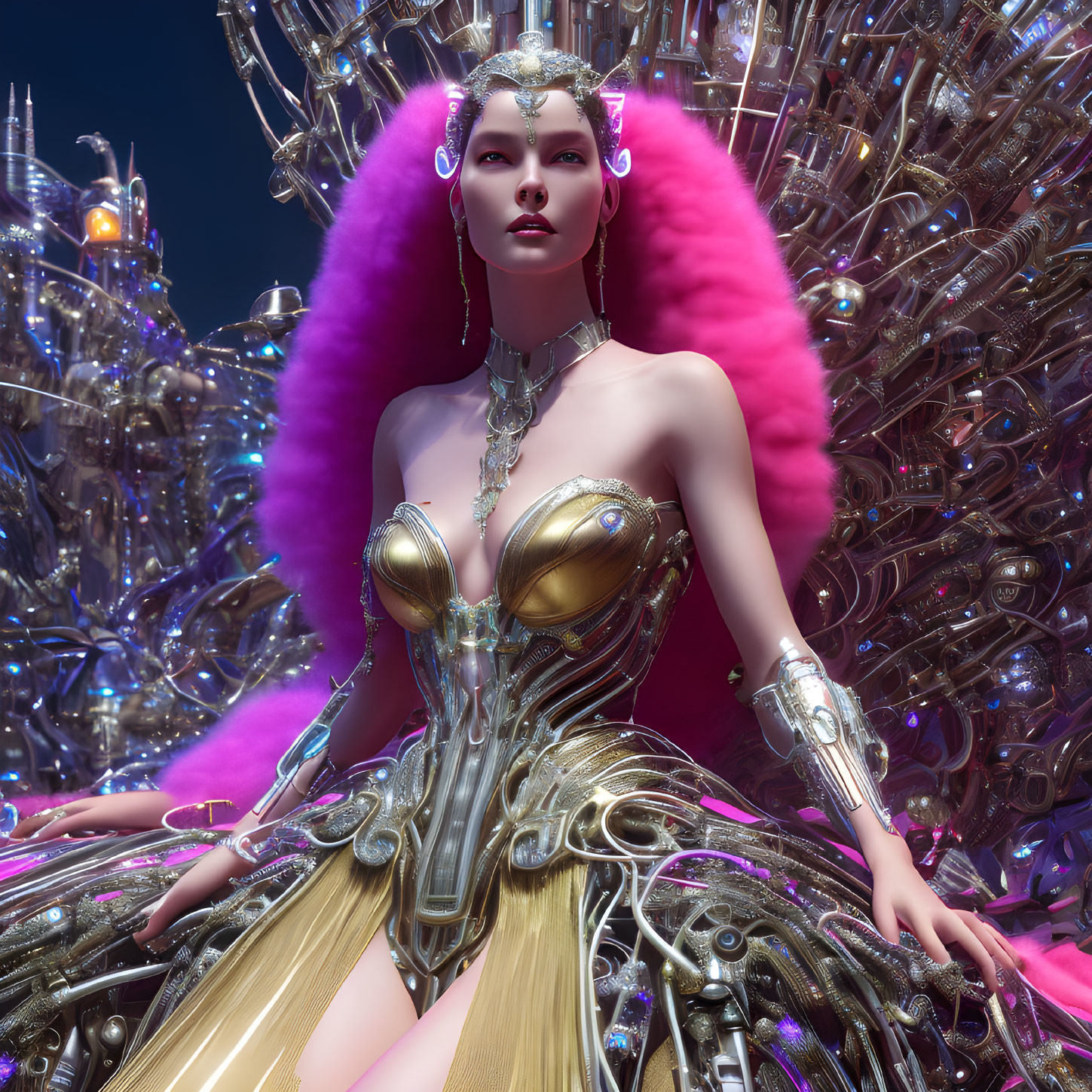 Futuristic cybernetic woman in elaborate metallic attire against sci-fi backdrop