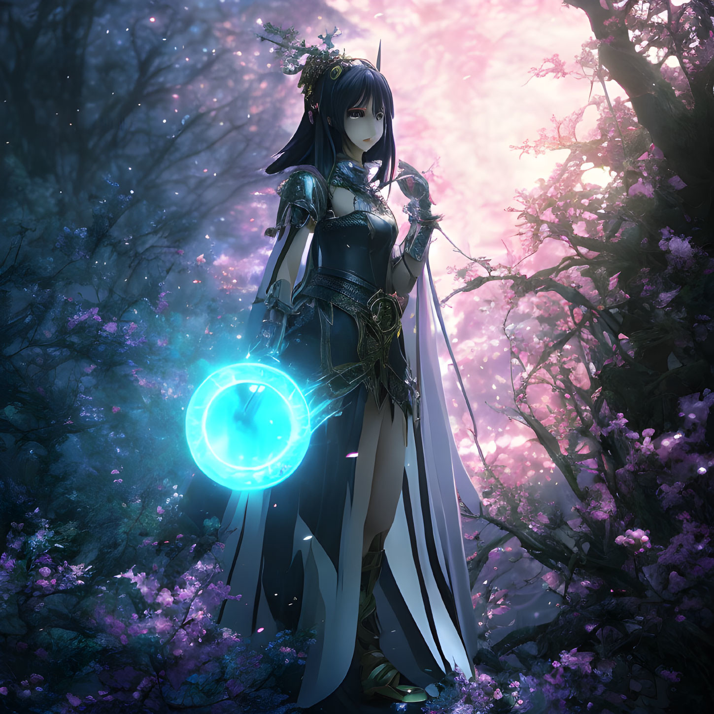 Mystical warrior woman with long dark hair in glowing purple forest holding magical blue disc