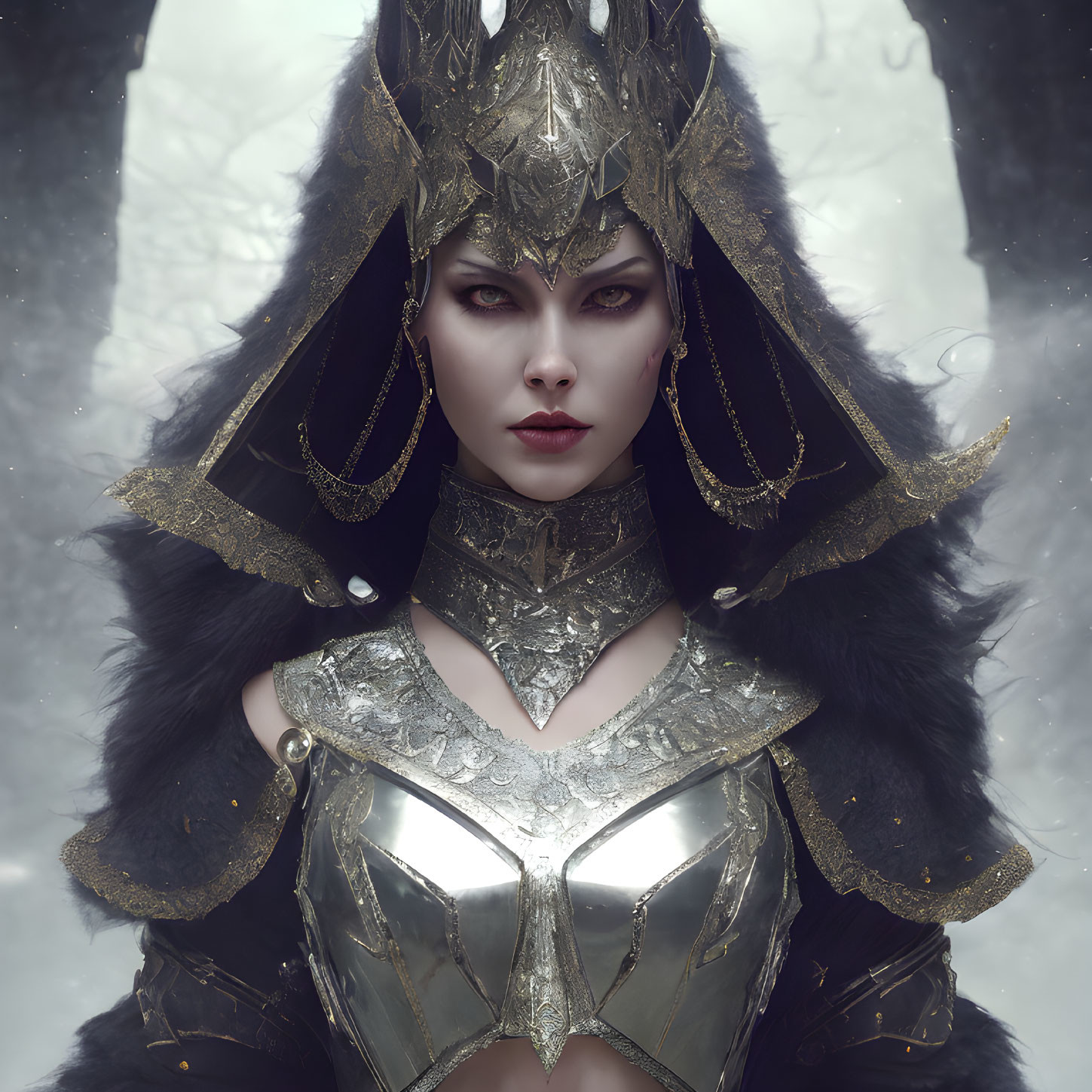 Majestic woman in golden armor with crown in mystical forest
