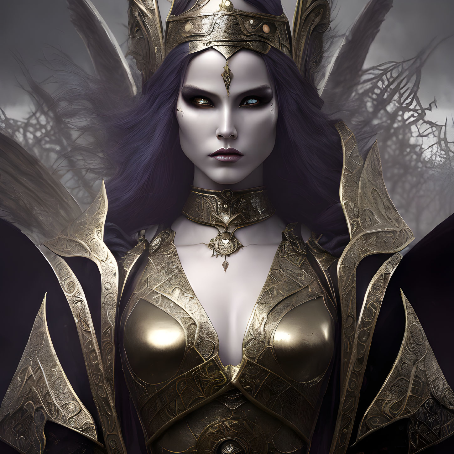 Purple-skinned fantasy figure in golden armor with intricate headdress and yellow eyes against branch-filled backdrop