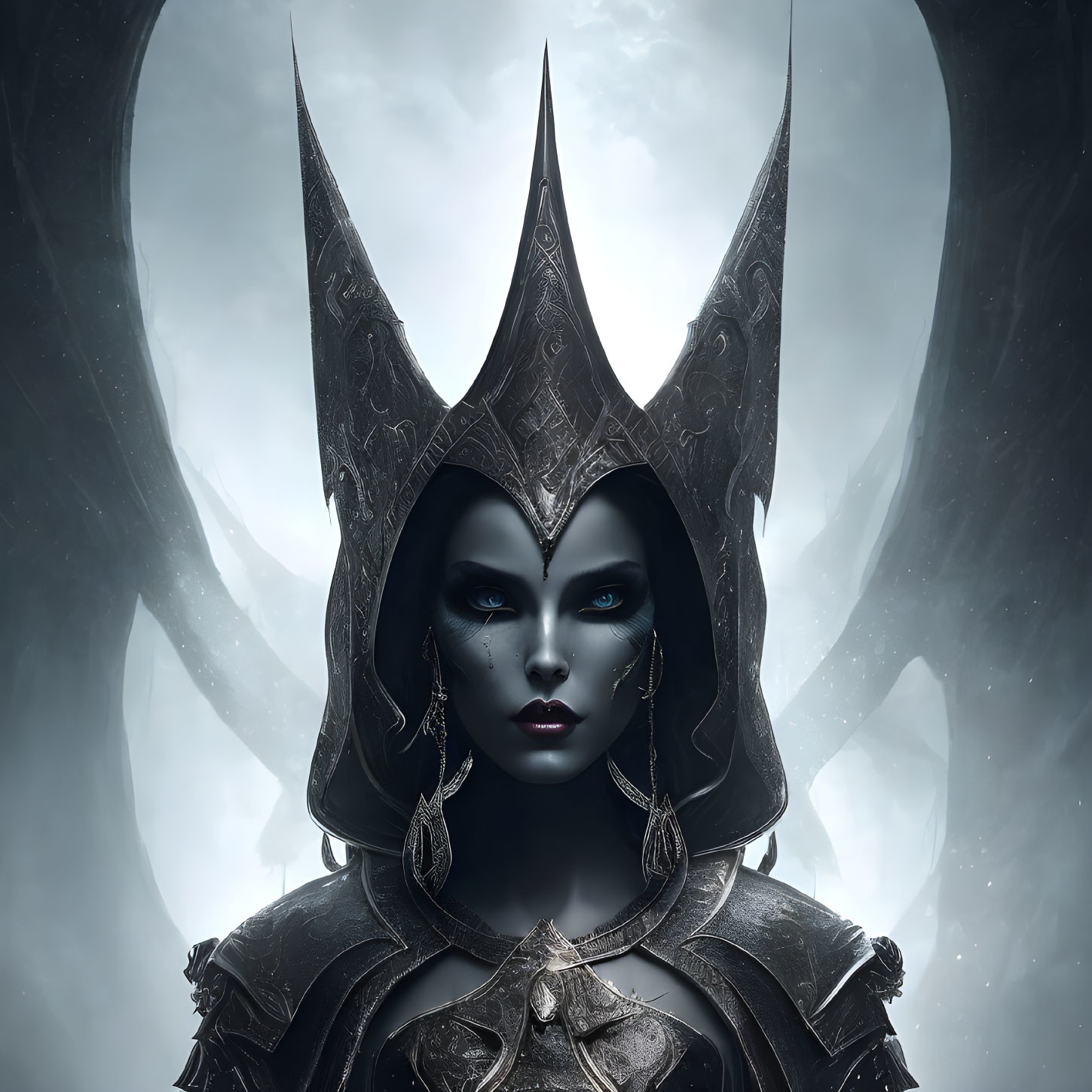 Blue-skinned female figure in dark armor with ornate headdress and piercing eyes.