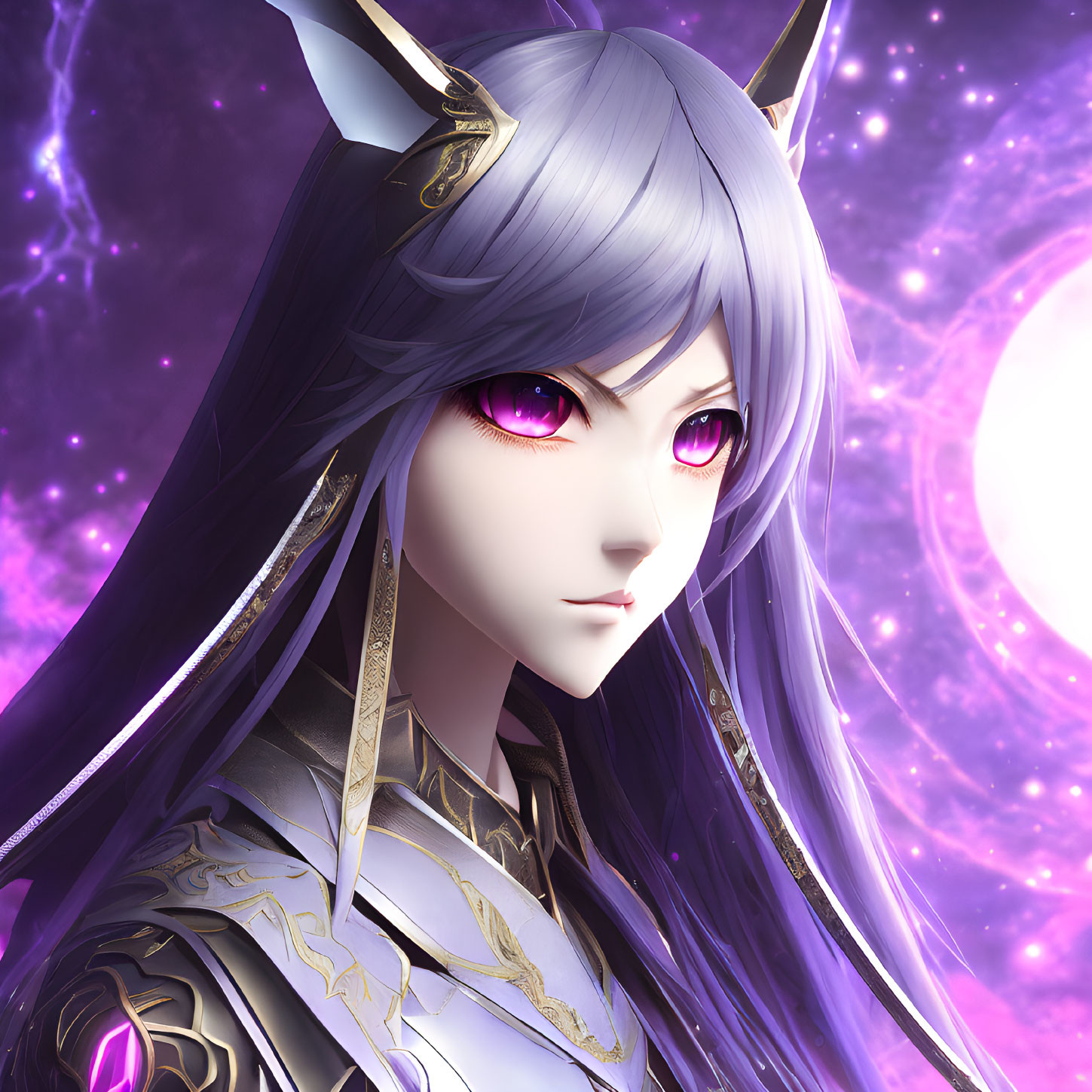 Character with Purple Eyes and Silver Hair in Cosmic Setting