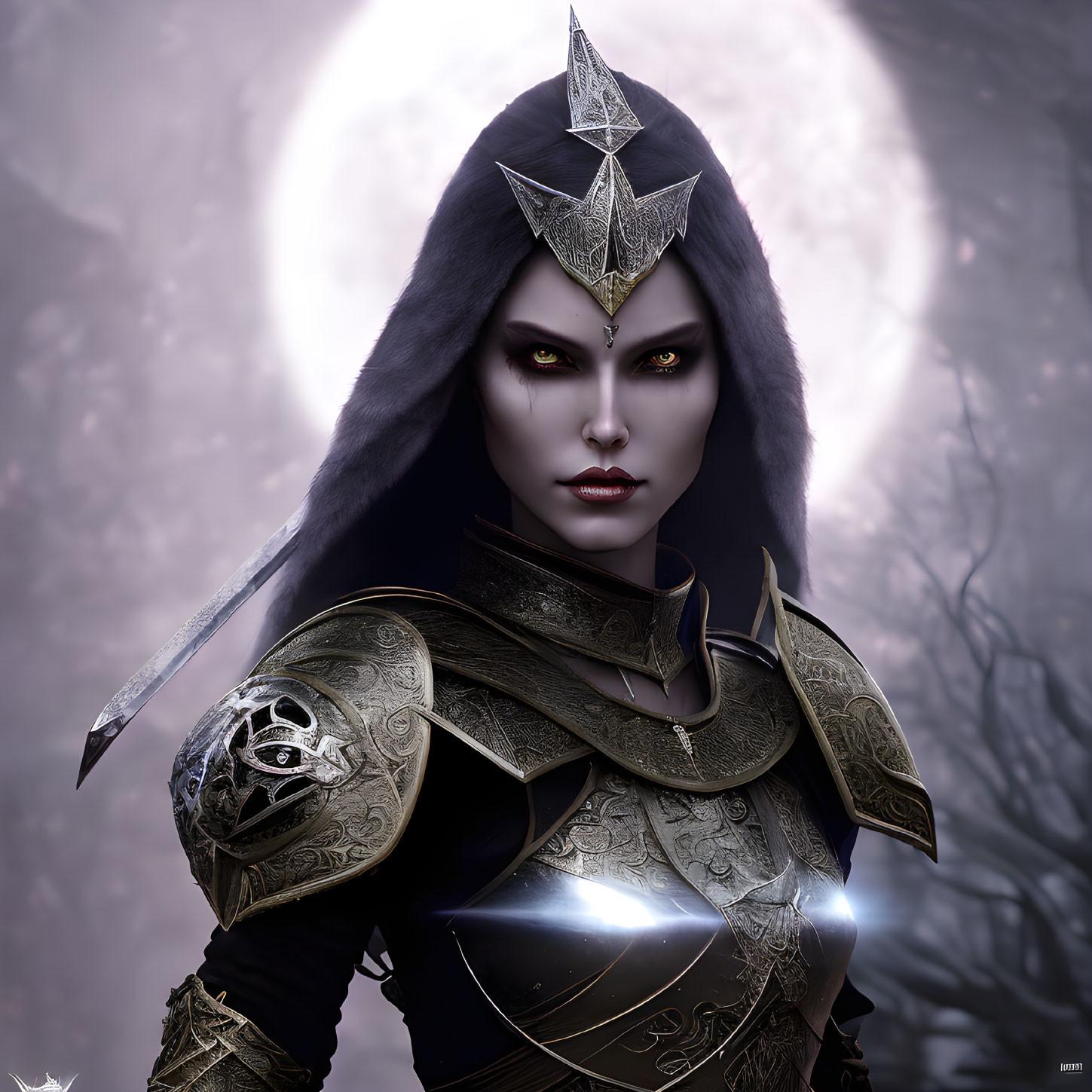 Fantasy dark sorceress in ornate armor with yellow eyes on moonlit background