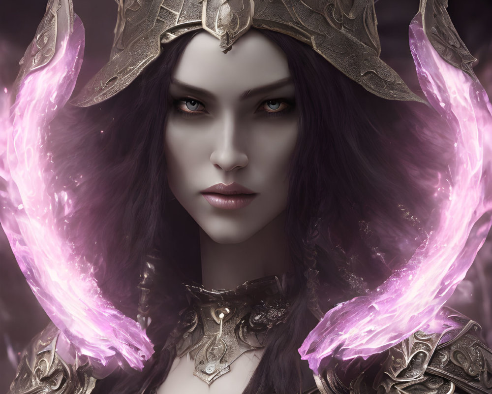Pale-skinned female in golden armor with dark hair and crown, surrounded by purple magic.